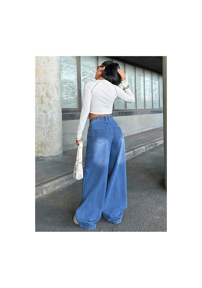 Kene Jeans Yüksek Bel Mavi Ön Arka Pensli Ön İşlemli Baggy Bol Paça Jeans Mavi