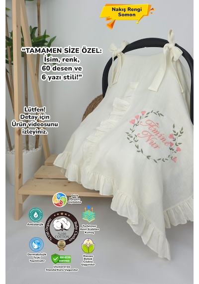 Gros Shop Müslin Yeni Doğan 4katlı Organik %100pamuk Kişiye Özgü Nakışlı Hastane Çıkış Seti Çiçek Model-2 Ekru-6
