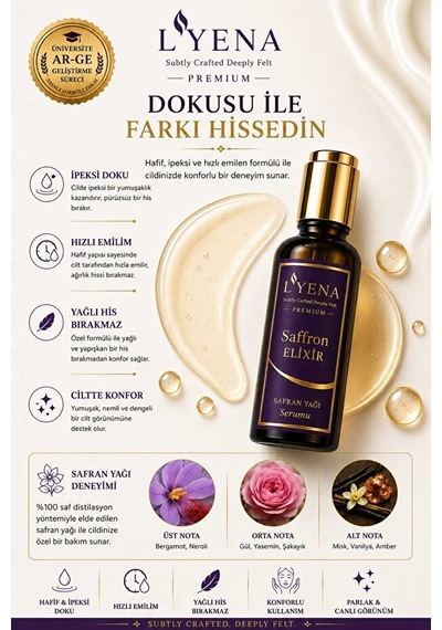 Lyena Premium Saffron Elixir Safran Yağı Cilt Bakım Serumu 50 Ml Canlı Ve Parlak Görünüm Destekleyici Serum