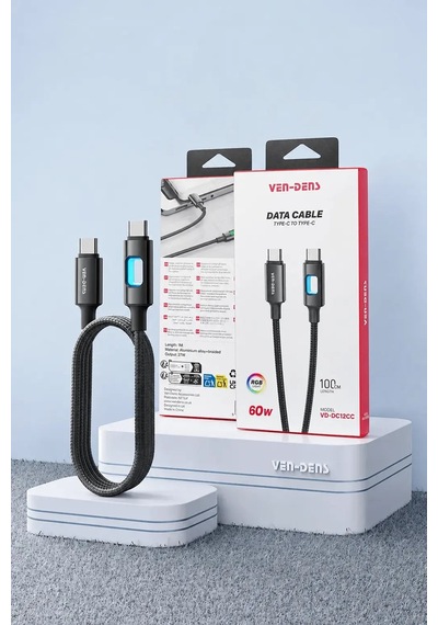 Ven-dens Vd-dc12cc 60 W Pd Type-c To Type-c Hızlı Şarj Ve Veri Kablosu, 1 Metre, Naylon Örgü, Siyah
