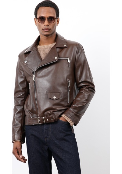 Antioch 100% Deri Biker Ceket Kahve