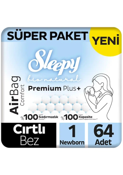 Sleepy Bio Natural Premium Plus Airbag Comfort Süper Paket Bebek Bezi 1 Numara Newborn 64 Adet
