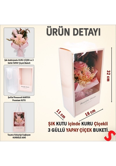 Premium Kutu İçinde 3 Güllü Yapay Çiçek Buketi - Pembe Renkli