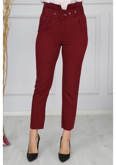 Beli Kemerli Bordo Kumaş Pantolon Bluence Bordo