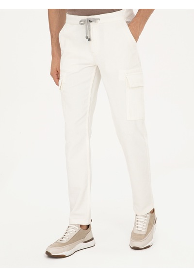 Cacharel Beyaz Straight Fit Kadife Kargo Cepli %100 Pamuk Kanvas Pantolon