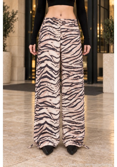Polo State Kadın Krem Bej Zebra Desenli Bel Ve Paça Bağcıklı Bol Paça Pantolon