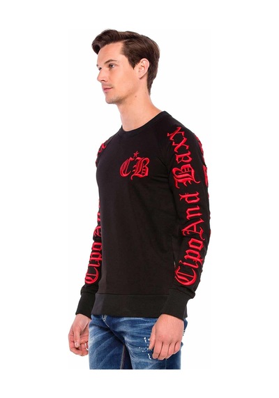 Cipo & Baxx CL370 Nakışlı Bisiklet Yaka Kalın Erkek Sweatshirt Siyah