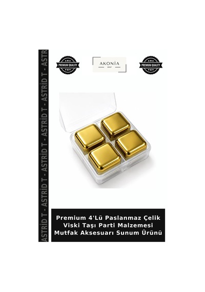 Premium 4'lü Paslanmaz Çelik Viski Taşı Parti Malzemesi Mutfak Aksesuarı Sunum Ürünü