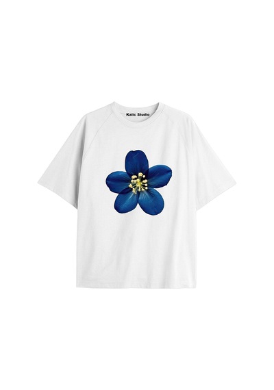 Kalic Studio Kadın Çiçek Özel Baskılı Renkli Oversize Penye Pamuklu Bisiklet Yaka T-shirt Beyaz-6