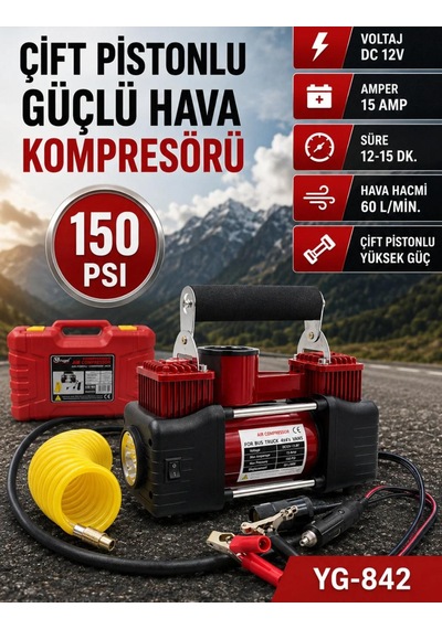 Profesyonel Hava Kompresörü 150 Psi 12v Çift Pistonlu Çantalı Özel Ekstra 4 Şişirme Aparatlı