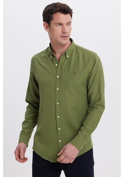 Tudors Erkek Slim Fit Dar Kesim Düz Oxford Armalı Yaka Düğmeli Yeşil Spor Gömlek-42014 Yeşil