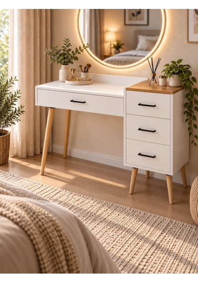 Dorm Çekmeceli Ahşap Ayaklı Makyaj Masası - Beyaz- Atlantik Çam - 120x90 Cm Beyaz - Çam Dorm Çekmeceli Ahşap Ayaklı Makyaj Masası - Beyaz- Atlantik Çam - 120x90 Cm Beyaz - Çam