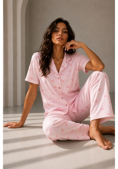 Kadın Klasik Doğal Düğme Gece Pembe Pijama Takımı