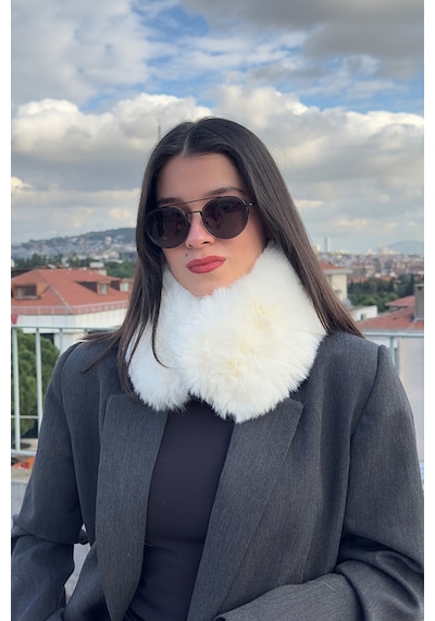 Mollycrush Suni Kürk Yumuşak Boyunluk Premium Mıktanıslı Kışlık Kadın Beyaz Peluş Boyunluk Beyaz