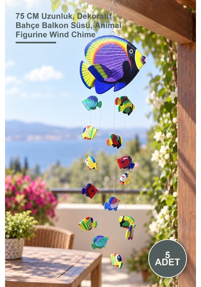 5 Adet Hayvan Figürlü Rüzgar Çanı 75 Cm Uzunluk, Dekoratif Bahçe Balkon Süsü, Animal Figurine Wind Chime