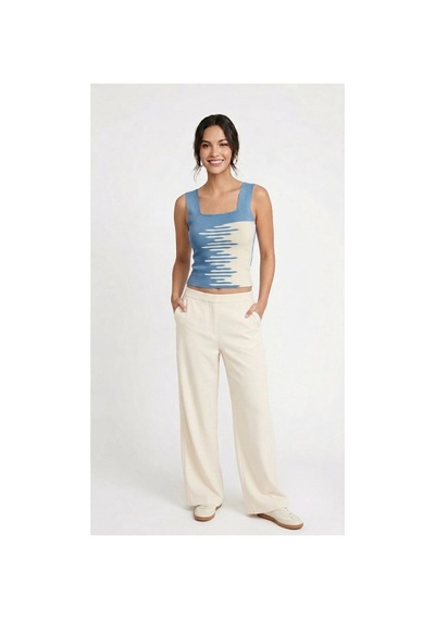 Onno Style Women Kare Yaka Kolsuz Askılı Kadın Bluz Mavi Krem