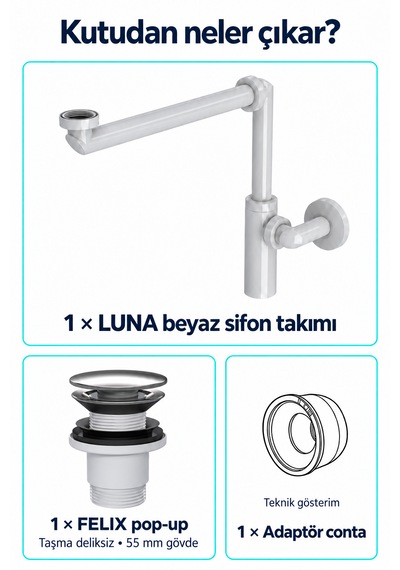 İz Yapı Luna Beyaz Alan Tasarruflu Sifon Seti Felix Pop-up Taşma Deliksiz Lavabo Sifonu