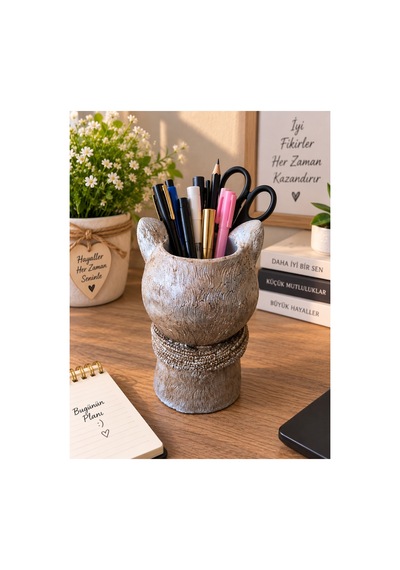Dekoratif Tilki Figürlü Makyaj Fırçalığı Kalemlik Saksı Organizer Polyester 20x10 Cm Gümüş