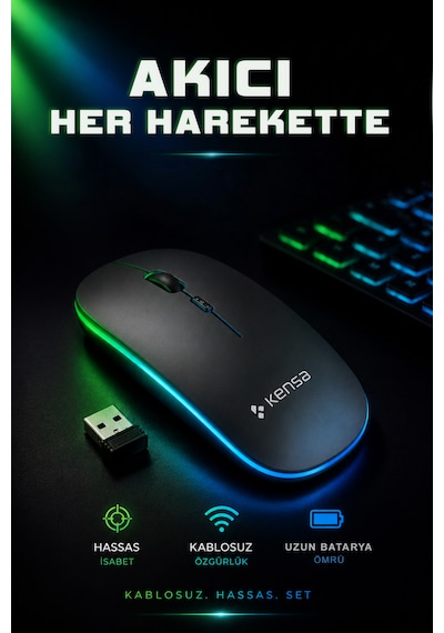 Tablet Ve Bilgisayar İçin Rgb Led Işıklı Taşınabilir Kablosuz Bluetooth Klavye Ve Dongle'lı Mouse Seti Siyah