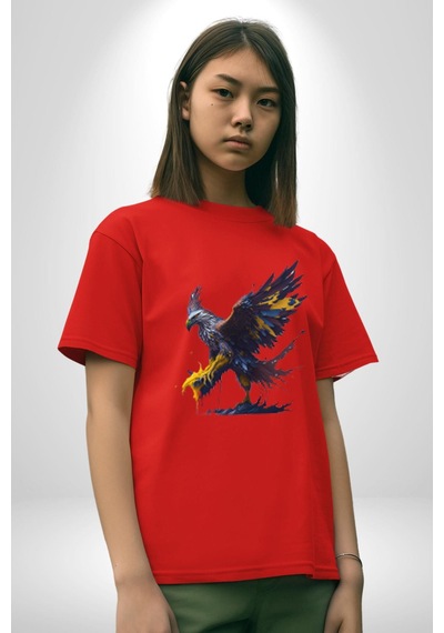 Kara Kartal Sulu Boya Pamuklu Bisiklet Yaka Unisex Oversize Boyfriend Dijital Baskılı Kırmızı T-shirt Kırmızı