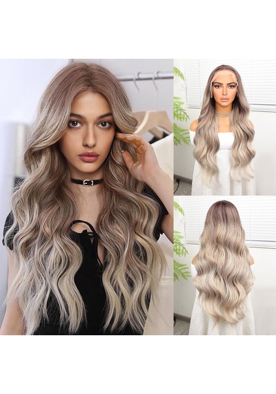 Rus Kumralı Beyaz Platin Ombre Ve Röfleli Fiber Sentetik Geniş Dalgalı Tül Peruk - Elm-01-582484 Karışık - Çok Renkli