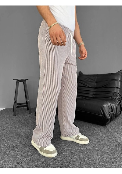 Assema Erkek Su Yolu Çizgili Cepli Pantalon Yazlık - Kahverengi Çok Renkli