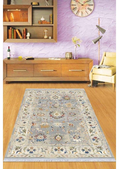 Gri Çerçeveli Dokuma Pamuk Tabanlı Kaymaz Kilim Klm193n11