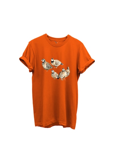 Beşli Keklik Baskılı Doğa Ve Av Temalı %100 Pamuk Regular Fit Unisex T-shirt Turuncu