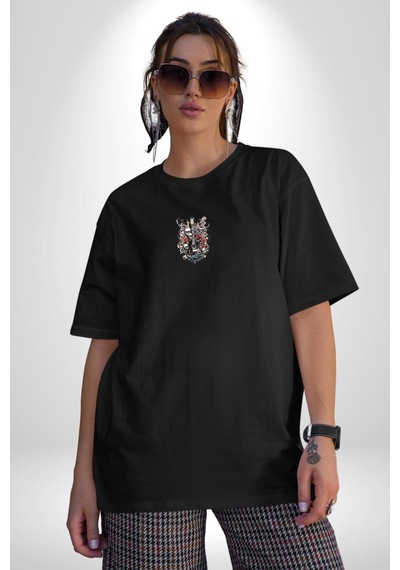 Gitar Kafatası Güller Doğa Uyumu Siyah Oversize Unisex Ön Orta Minimal Baskılı Tişört Siyah
