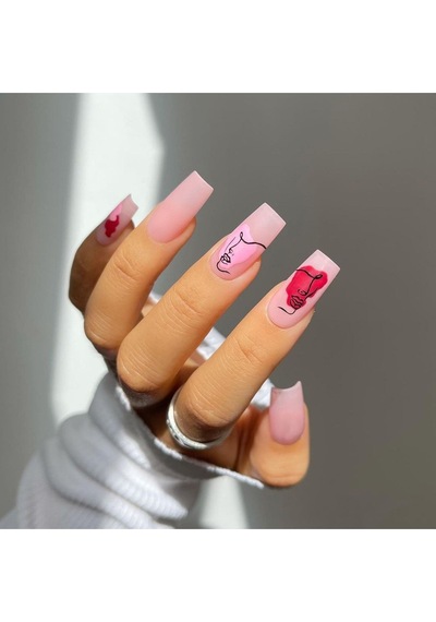 Pembe Kırmızı Kadın Desenli Takma Tırnak Seti 24 Adet