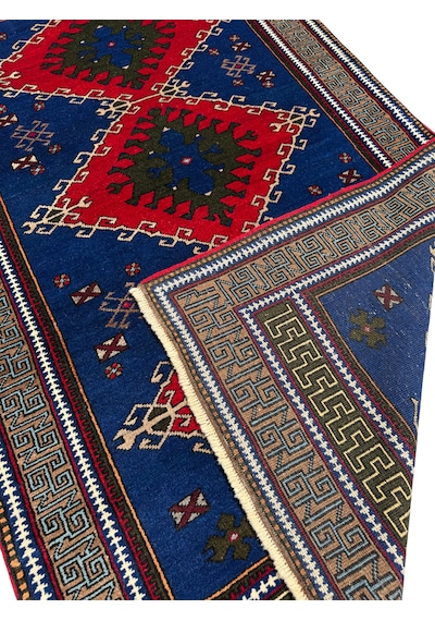El Dokuma Sıfır Obruk Halısı 124x210 Lacivert Kırmızı Yün Halı