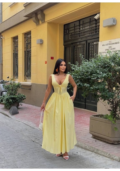 Rawea Kadın Korse Detaylı Kurdeleli Poplin Elbise - %100 Pamuk & V Yaka Sarı