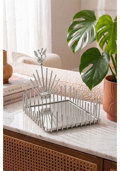 Gümüş Metal Aynalı Çiçek Model Lüks Kare Peçetelik Mutfak Servislik Çeyizlik Sofra Organizeri Zenith