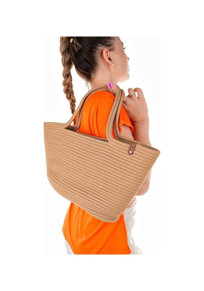 Alemdarshop Kadın Hasır Çanta El Örgülü Jüt Hasır Omuz Plaj Çantası Vizon