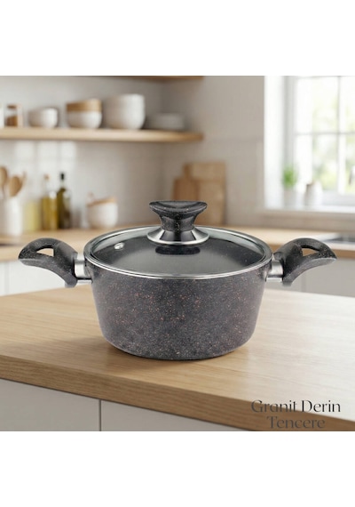 18 Cm Granit Derin Tencere Cam Kapak - Siyah Siyah