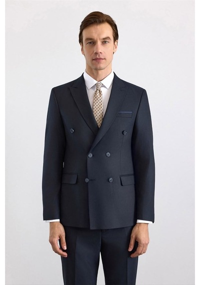 Süvari Lacivert Slim Kruvaze Yaka Düz Pike Torba Cep Yıkamalı 6 Drop Takım Elbise Tk1006900397-m09