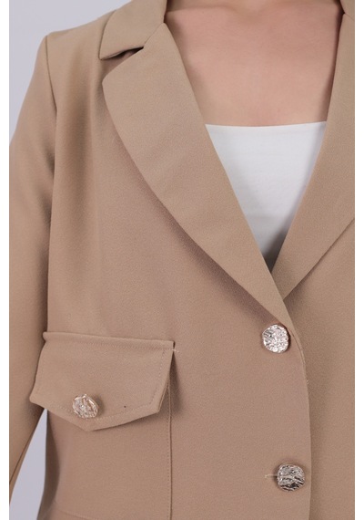 Armonika Kadın Vizon Erkek Yaka Kare Cepli Astarlı Crop Ceket Arm-26k001026