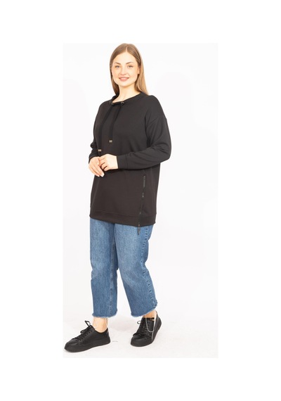 Şans Kadın Siyah Büyük Beden Yan Fermuar Yırtmaçlı Yakası Kuşgözü Detaylı Sweatshirt 65n35638-siyah Siyah