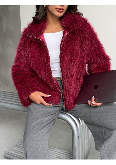 Verymoda Yapay Kürk Kadın Ceket Fermuarlı, Yumuşak Dokulu Modern Kışlık Mont F2037 Bordo