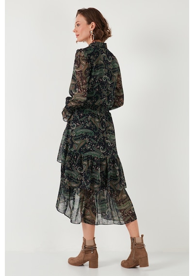 Lela Regular Fit Yaka Detaylı Volanlı Şifon Midi Bayan Elbise 611El1448 Yeşil