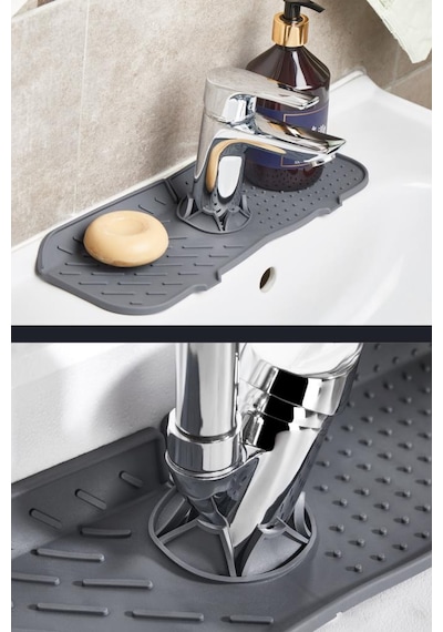 2 Li Lavabo Matı Ve Süzgeç Seti, Musluk Sünger Matı + Süzgeçli Banyo Küvet Evye Tıkacı Gider Kapağı Gri