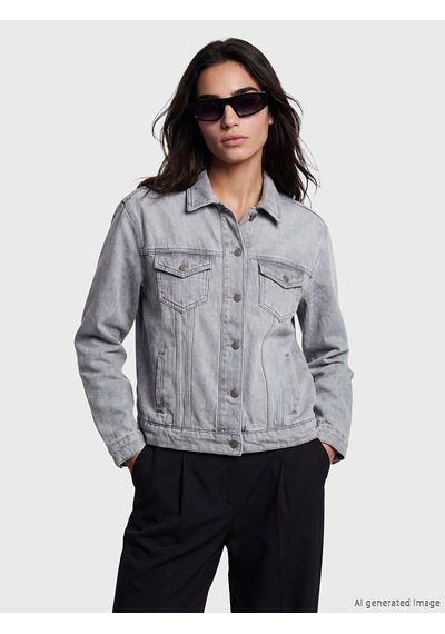 Lcw Vision Gri Gömlek Yaka Oversize Kadın Jean Ceket