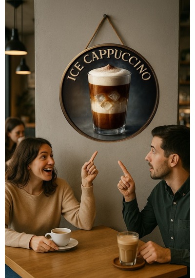 Ice Cappuccino Temalı Yuvarlak Cafe Tabelası, Jüt İpli Ahşap Duvar & Kapı Dekoru, Barista Süsü