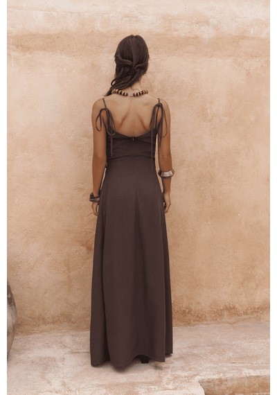 Mai Collection Mai Studios Co. Blantyre Askılı Uzun Kahve Keten Elbise Kahve