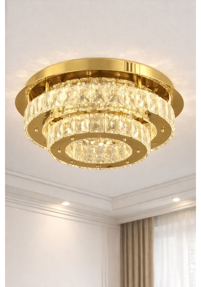 Livora Lighting Ahu Kristal Taşlı 3 Kademeli Modern Ledli Salon Avize Gold Altın - Gold