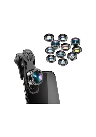 Apexel 11'i 1 Arada Cep Telefonu iPhone Uyumlu & Android İçin Akıllı Telefon Lens Kiti Siyah