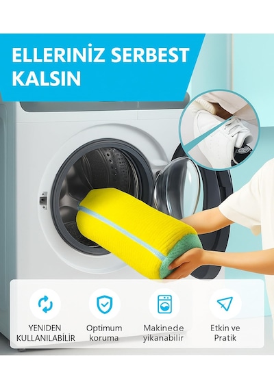 2 Adet Çamaşır Makinesi Ayakkabı Yıkama Torbası Koruyucu, Fermuarlı, Tekrar Kullanılabilir Ça Mavi - Sarı