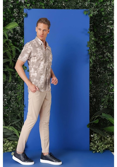 Efor Slim Fit Düğmeli Yaka Batik Desenli Kısa Kol Pamuk Bej Gömlek G 1502 Bej