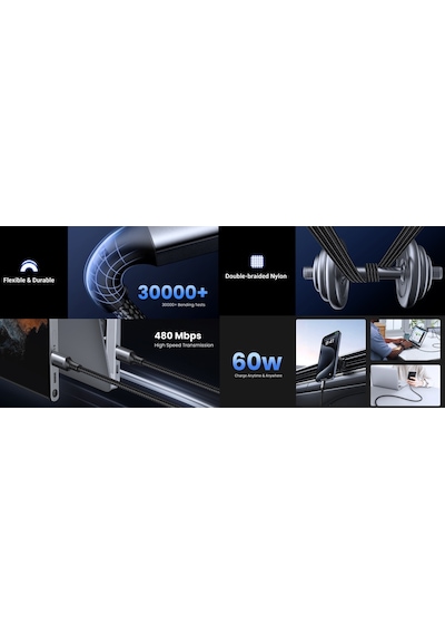 Ugreen Usb-c 60w 3a Qc Pd Örgülü Hızlı Şarj Kablosu, 1 Metre, Siyah, 15373 -