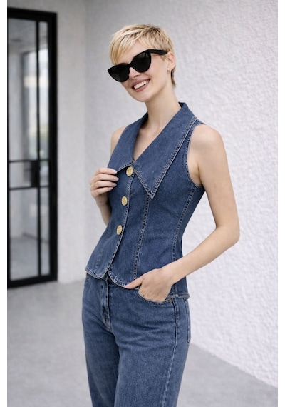 Kadın Gold Düğme Detaylı Yelekli Denim Kot Takım Yz2613 Mavi
